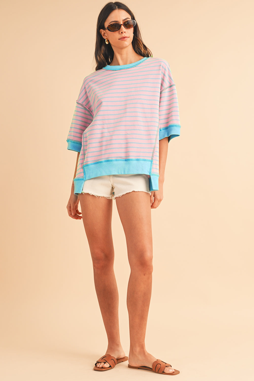 Sky Blue Stripe Contrast Drop Sleeve Loose Top