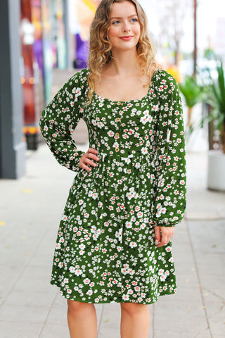 Positive Perceptions Olive Ditsy Floral Square Neck Dress