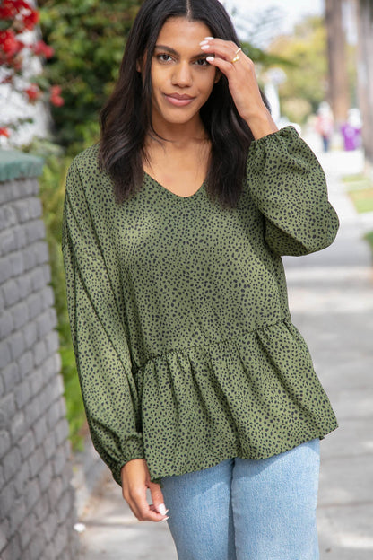 Moss Green Leopard Wool Dobby Woven Knit Top