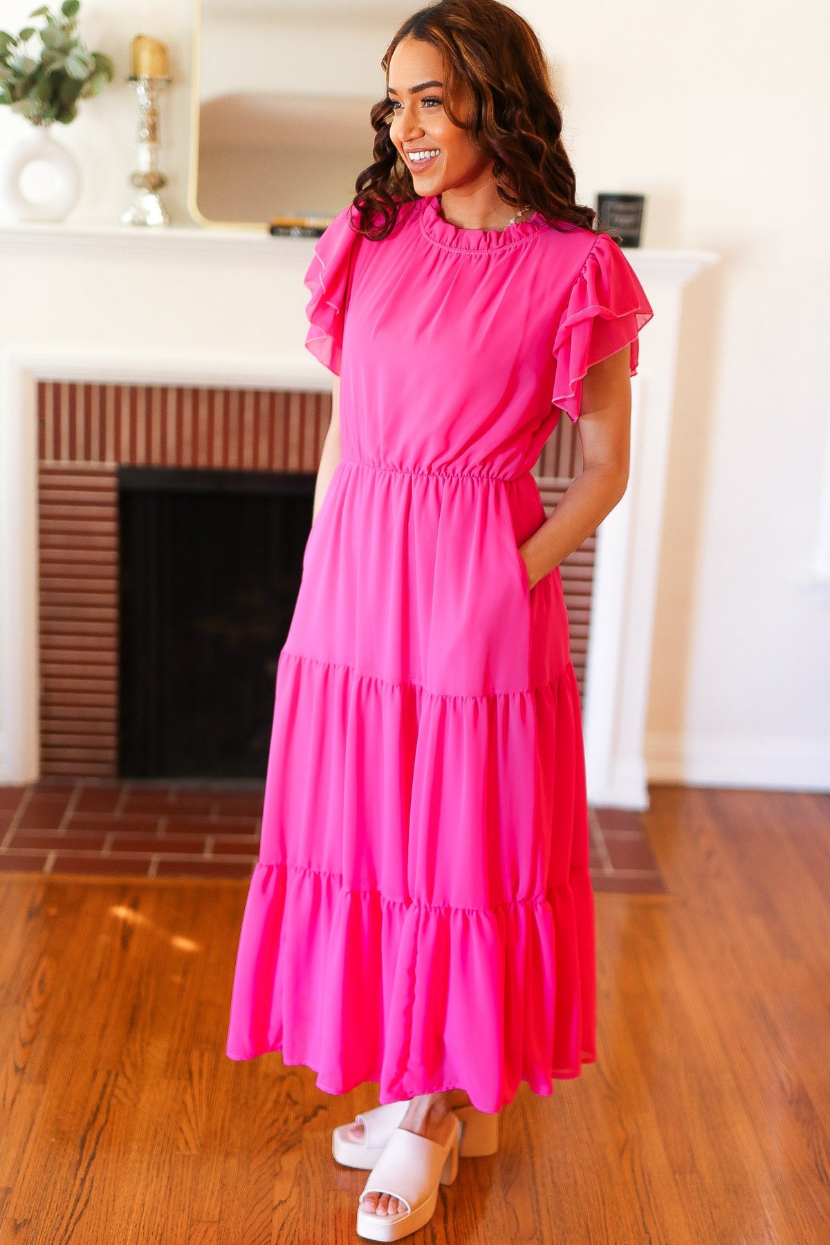 Perfectly You Hot Pink Mock Neck Tiered Chiffon Maxi Dress