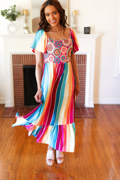 Feeling Bold Fuchsia & Teal Striped Medallion Crochet Print Dress