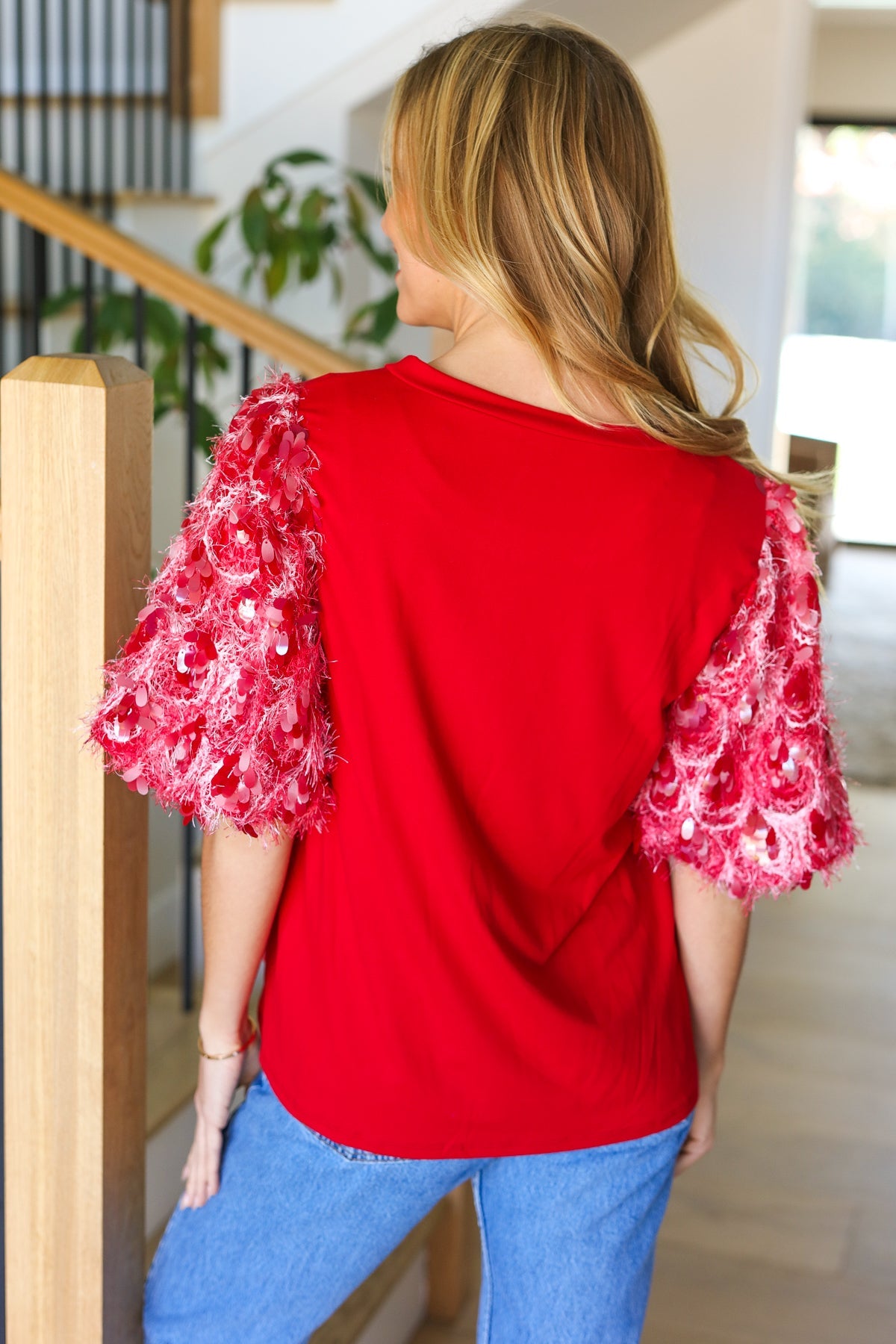 Come To Me Red Sequin Puff Short Sleeve Top