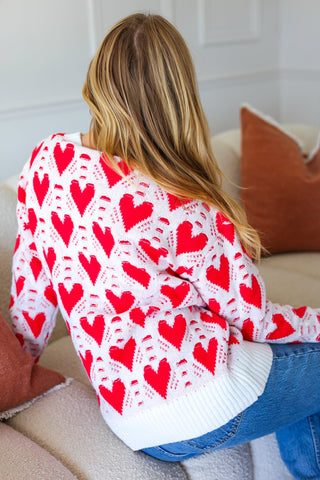 True Hearts Ivory & Red Heart Oversized Sweater