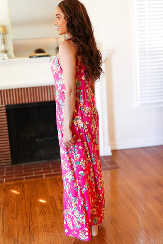 Pink Floral Print Fit and Flare Sleeveless Maxi Dress