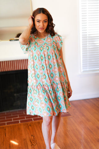 Mint Geo Boho Print Yoke Poplin Woven Dress