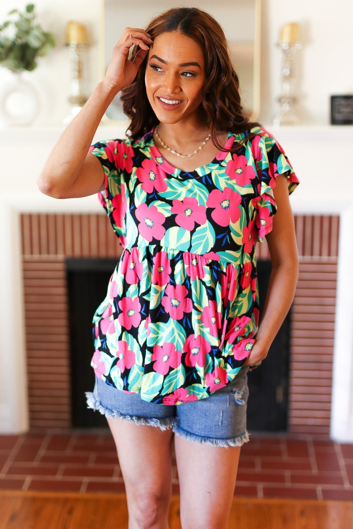 Black & Pink Floral Ruffle Short Sleeve Babydoll Top