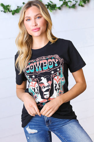 Black Cotton COWBOY Longhorn Graphic Tee