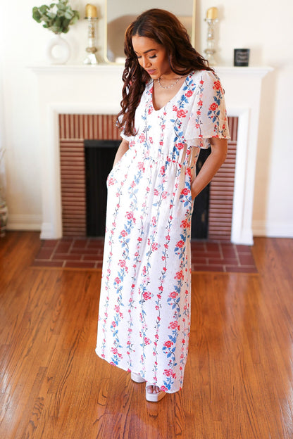 Red/Blue Floral Swiss Dot Chiffon Foil Maxi Dress