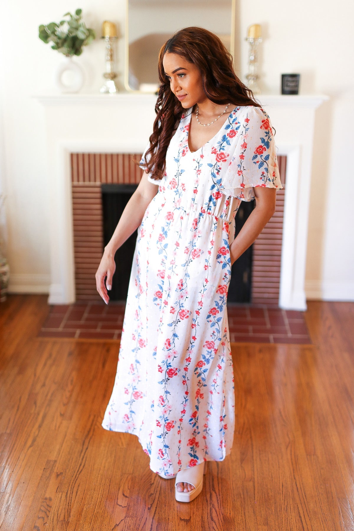 Red/Blue Floral Swiss Dot Chiffon Foil Maxi Dress