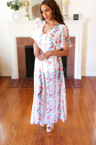 Red/Blue Floral Swiss Dot Chiffon Foil Maxi Dress