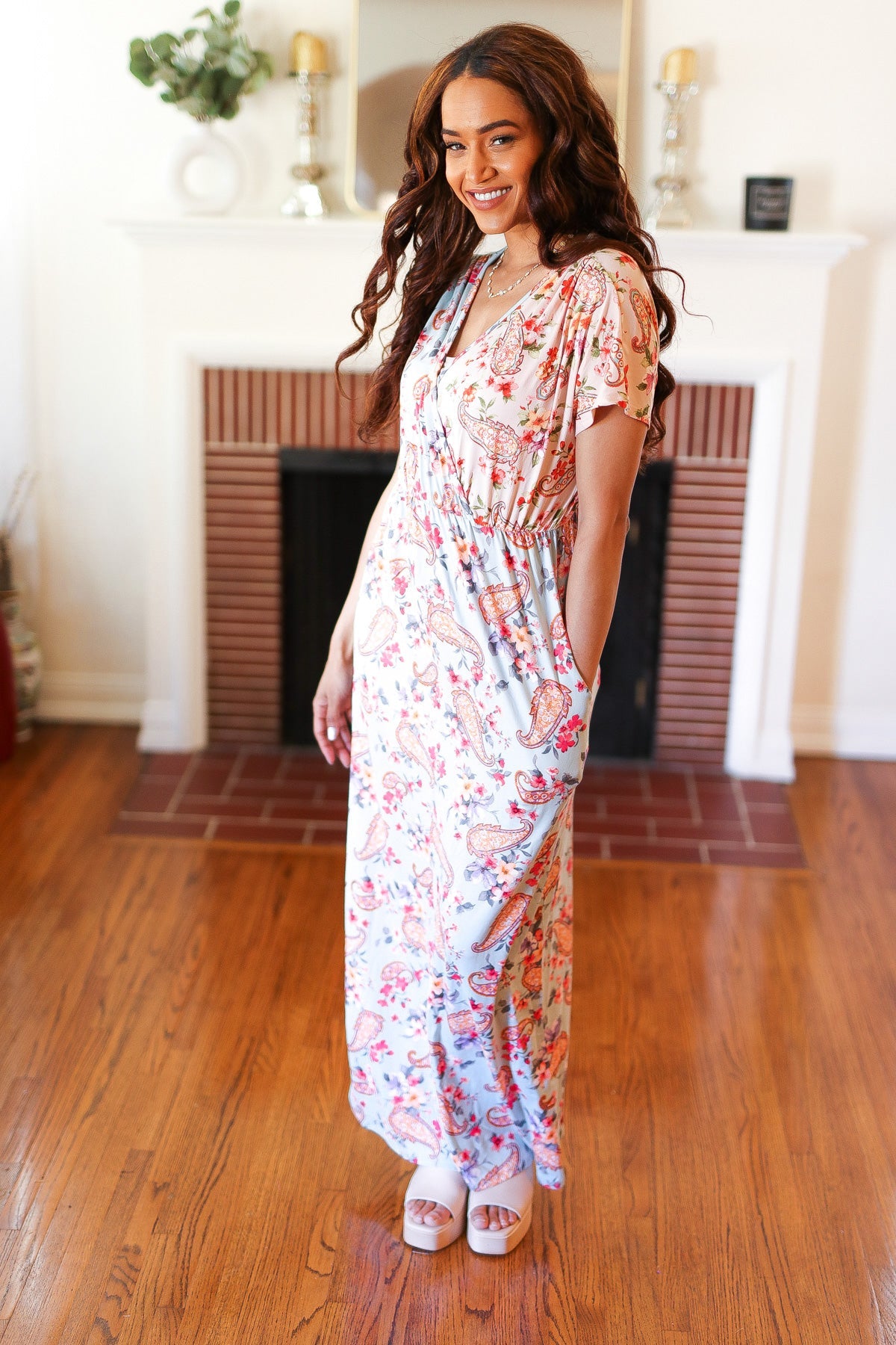 Mint Floral Paisley Surplice Elastic Waist Maxi Dress