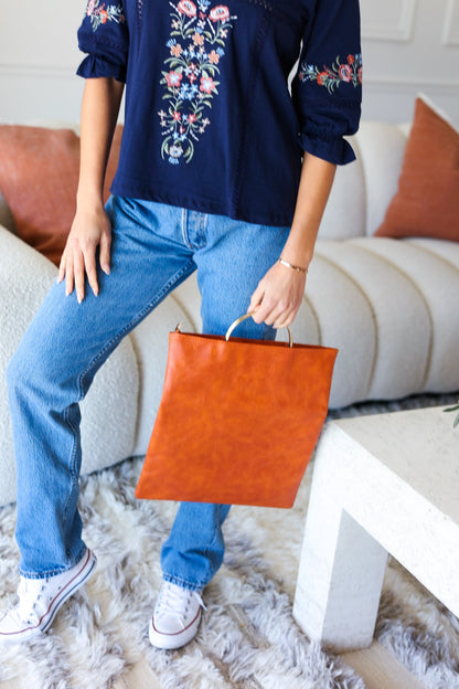 Burnt Sienna Fold Over Gold O-Ring Faux Leather Clutch