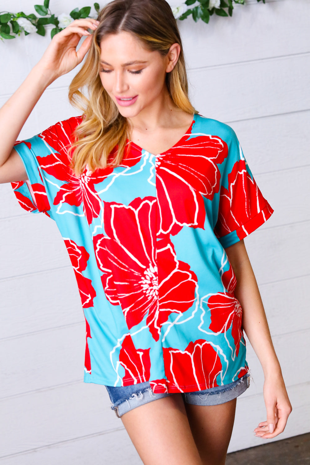 Teal & Cherry Red Floral Print V Neck Top