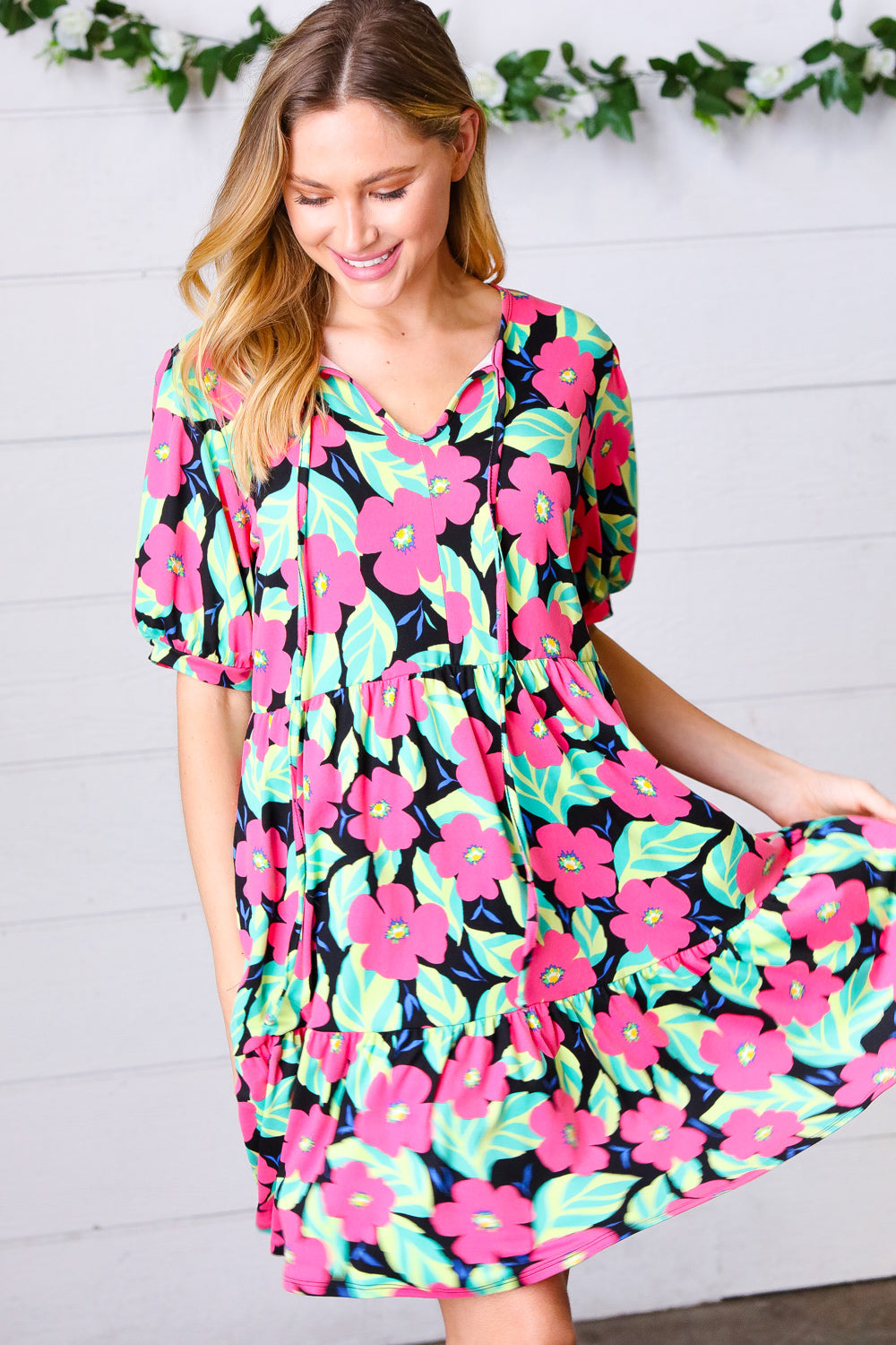 Multicolor Flat Floral Tiered Front Tie Pocketed Dress