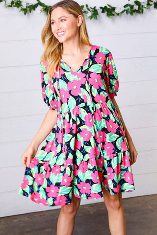 Multicolor Flat Floral Tiered Front Tie Pocketed Dress