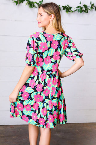 Multicolor Flat Floral Tiered Front Tie Pocketed Dress