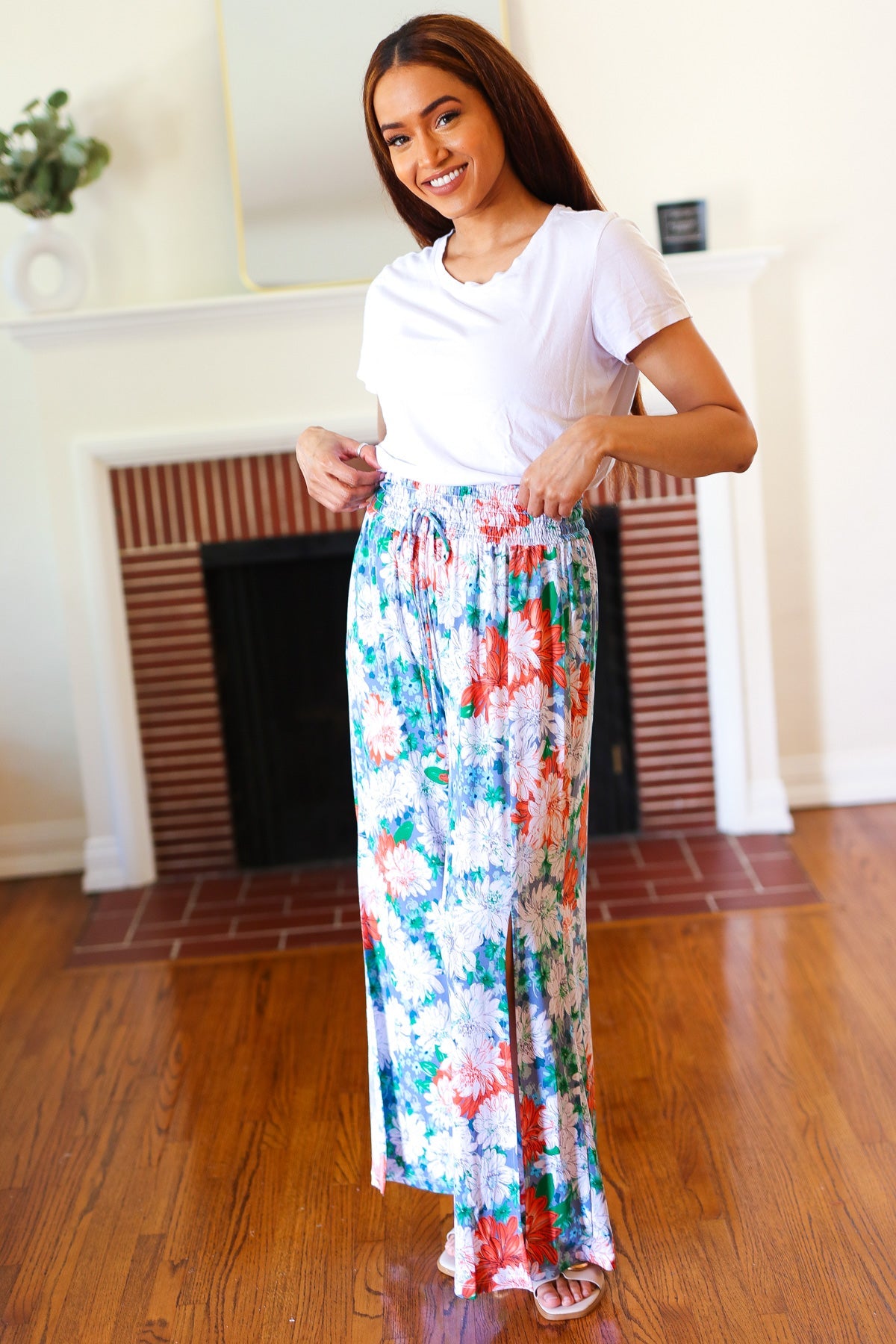 Vacay Vibes Green Floral Smocked Waist Side Slit Palazzo Pants