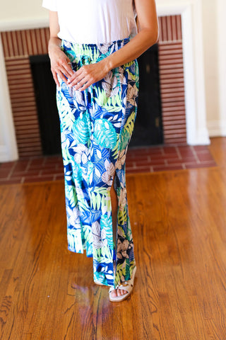 Tropical Boho Smocked Waist Side Slit Palazzo Pants