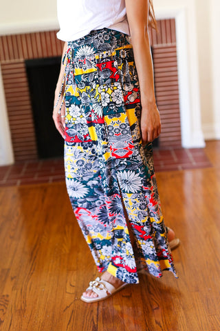 Vacay Vibes Teal Floral Smocked Waist Side Slit Palazzo Pants