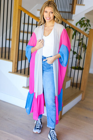 Feel Your Best Taupe & Fuchsia Color Block Ruffle Hem Kimono