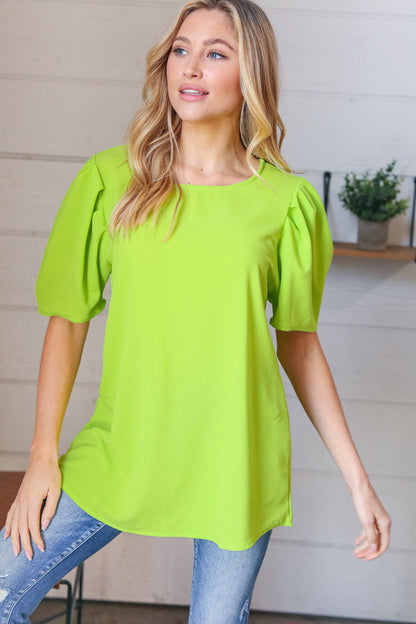 Neon Green Round Neck Puff Sleeve Crepe Top