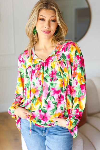 Pretty In Pink Watercolor Floral Yoke Tie Top