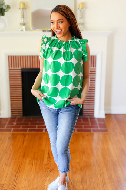 Green Polka-Dot Mock Neck Ruffle Sleeve Top