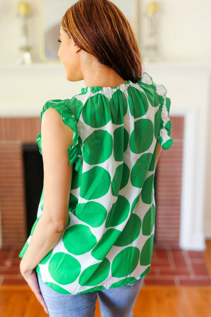 Green Polka-Dot Mock Neck Ruffle Sleeve Top