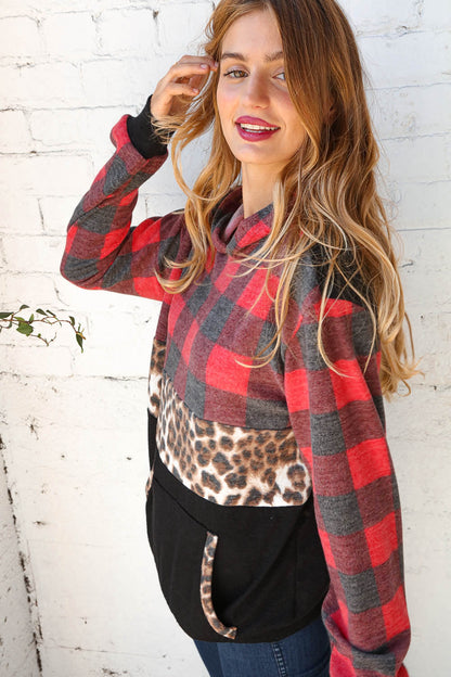 Plaid & Leopard Print Color Block Hoodie