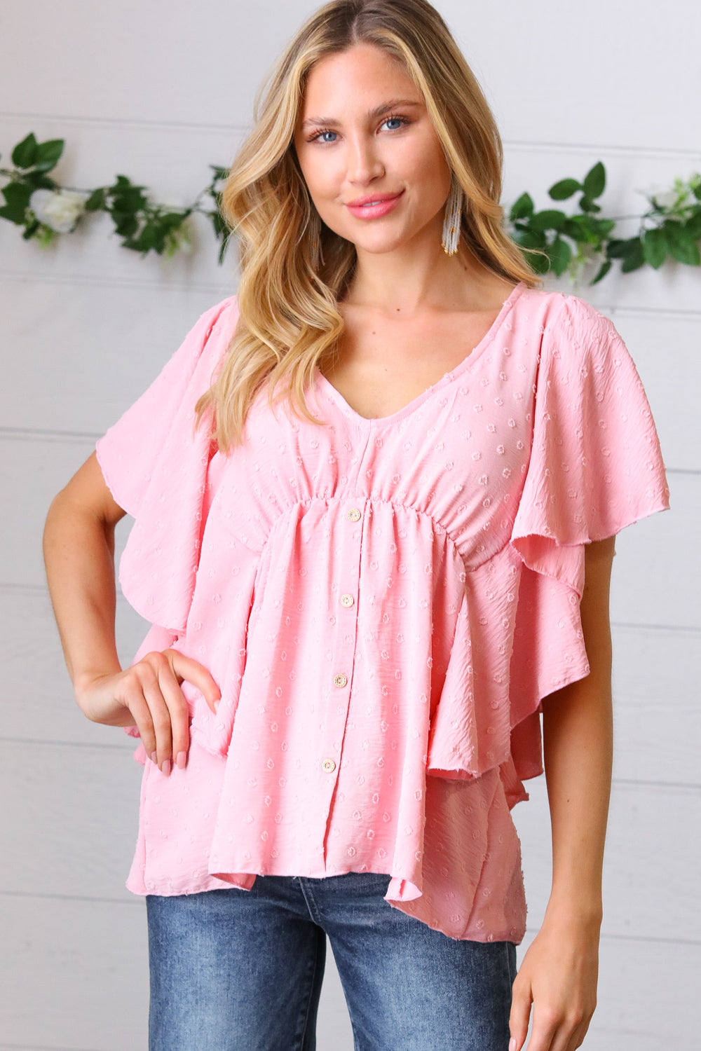 Soft Pink Swiss Dot Ruffle Woven Top