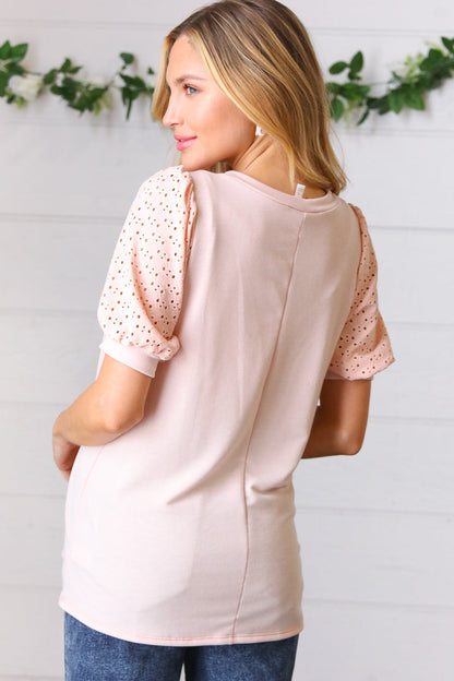 Peach Eyelet Puff Sleeve French Terry Top