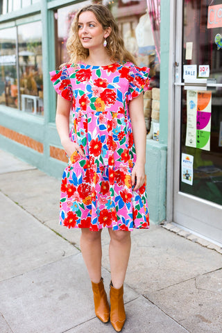 Love Found Pink Floral Smocked Ruffle Sleeve Tiered Dress