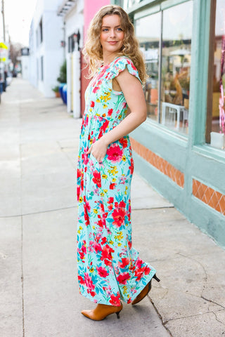 What A Vision Aqua Floral Fit & Flare Maxi Dress