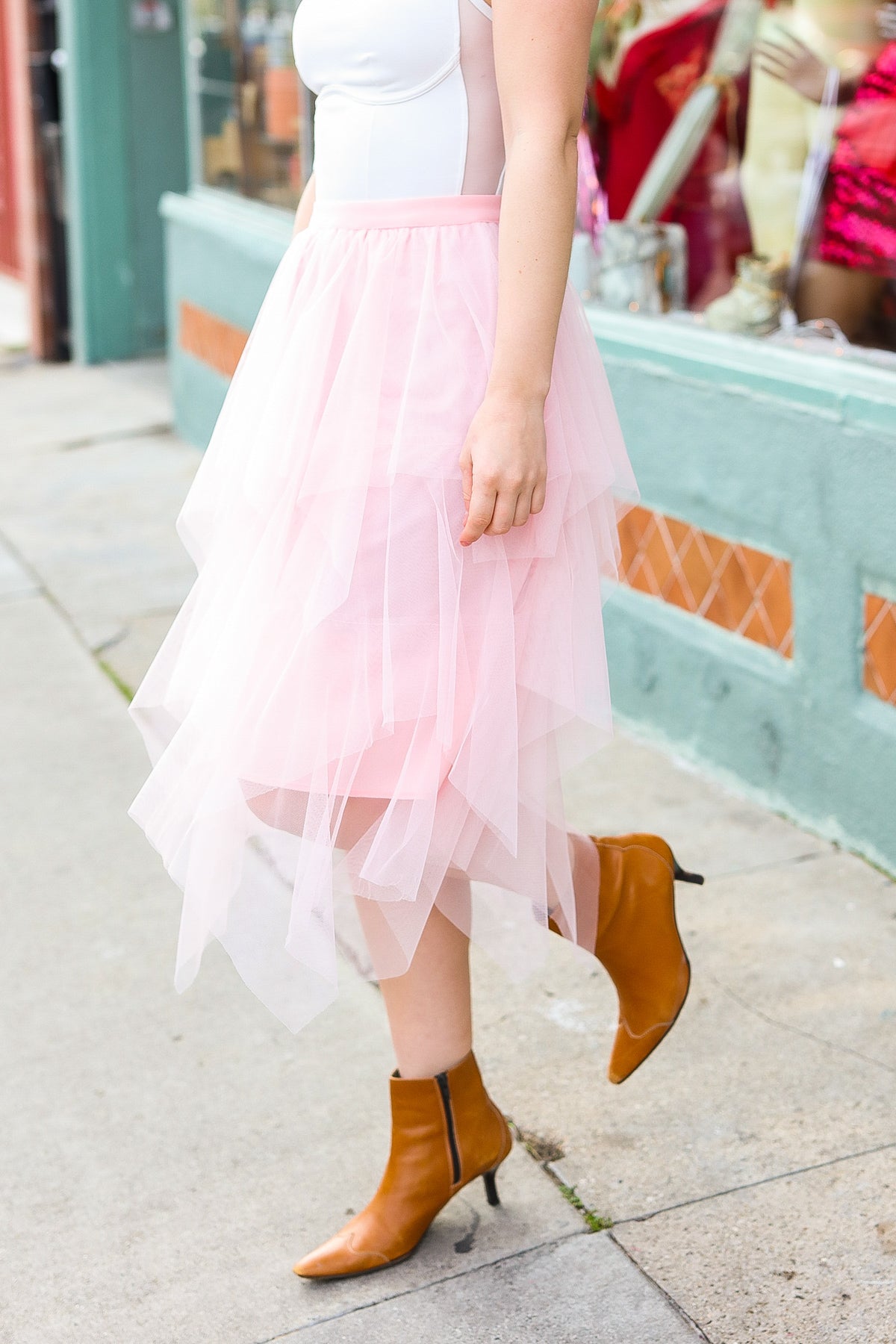 Feeling Femme' Blush Asymmetric Tiered Tulle Midi Skirt