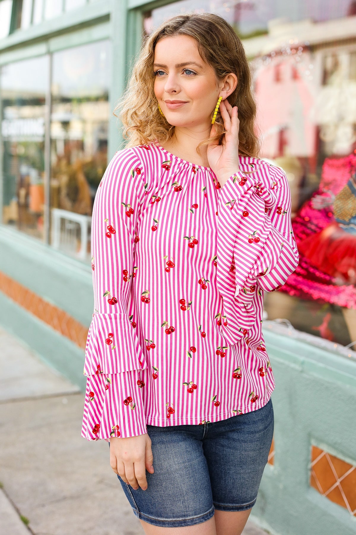 Make You Smile Pink Stripe & Cherries Bell Sleeve Top