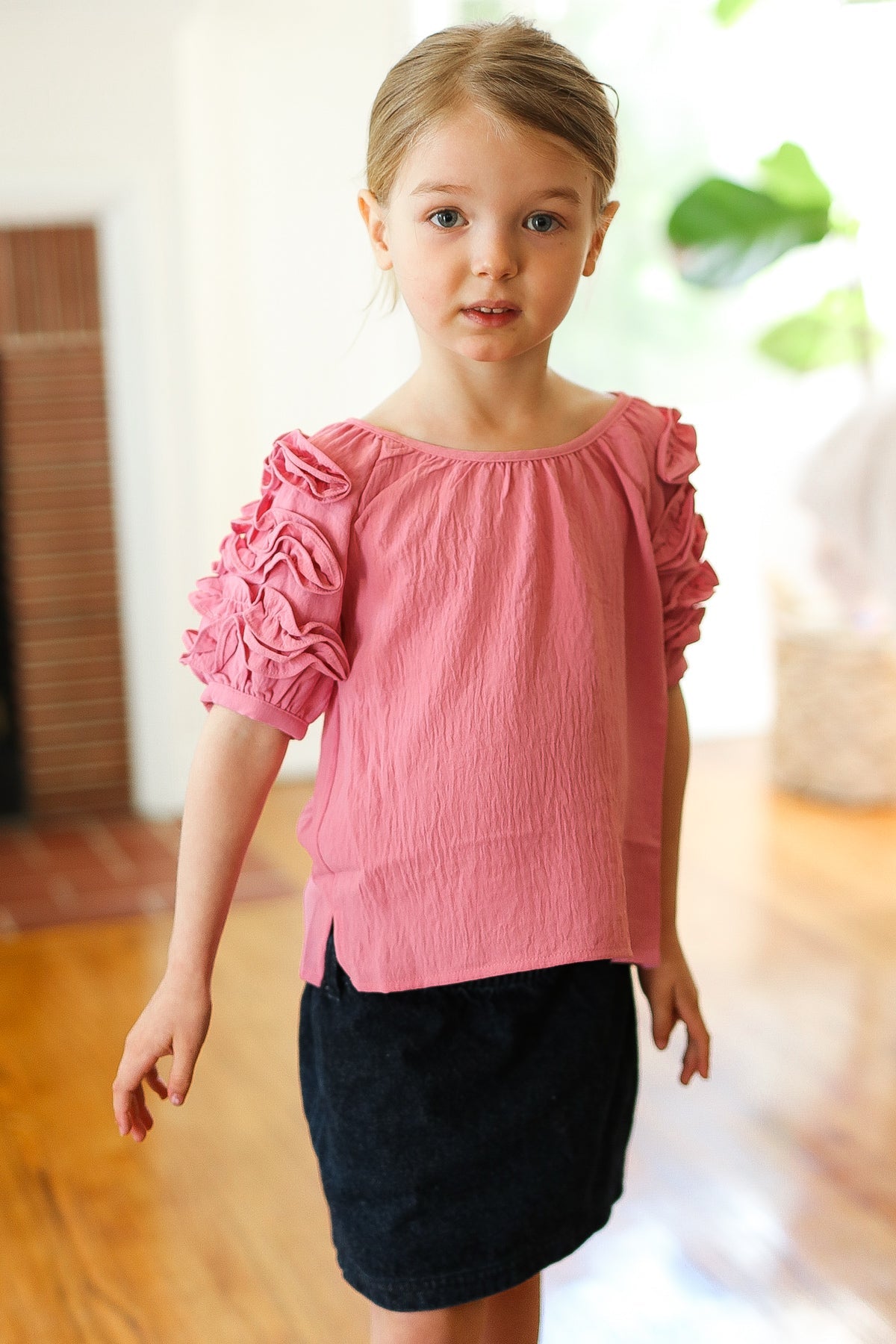 Kids Lovely Rose Ruffle Sleeve Side Slit Top