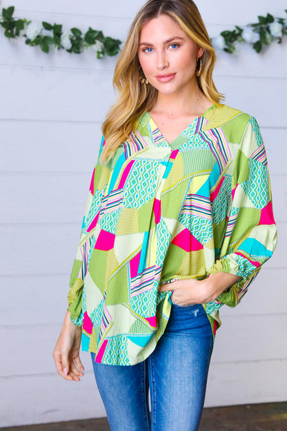 Key Lime Geometric Color Block Top