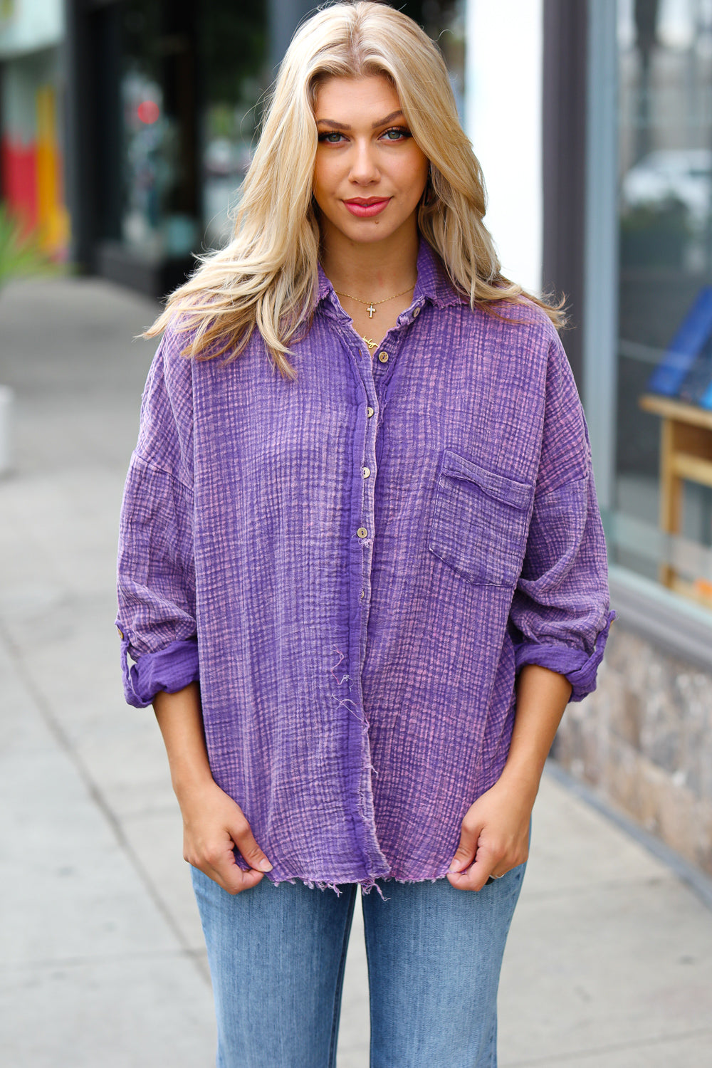 Violet Washed Cotton Gauze Button Down Shirt