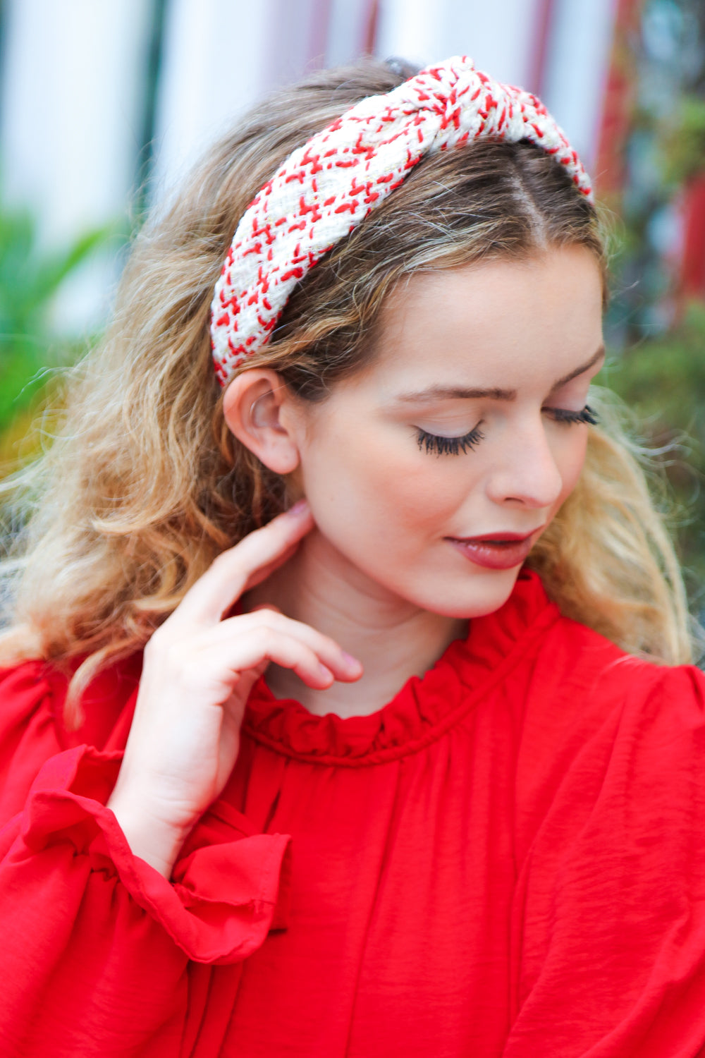 Cream Gold & Red Knit Top Knot Headband