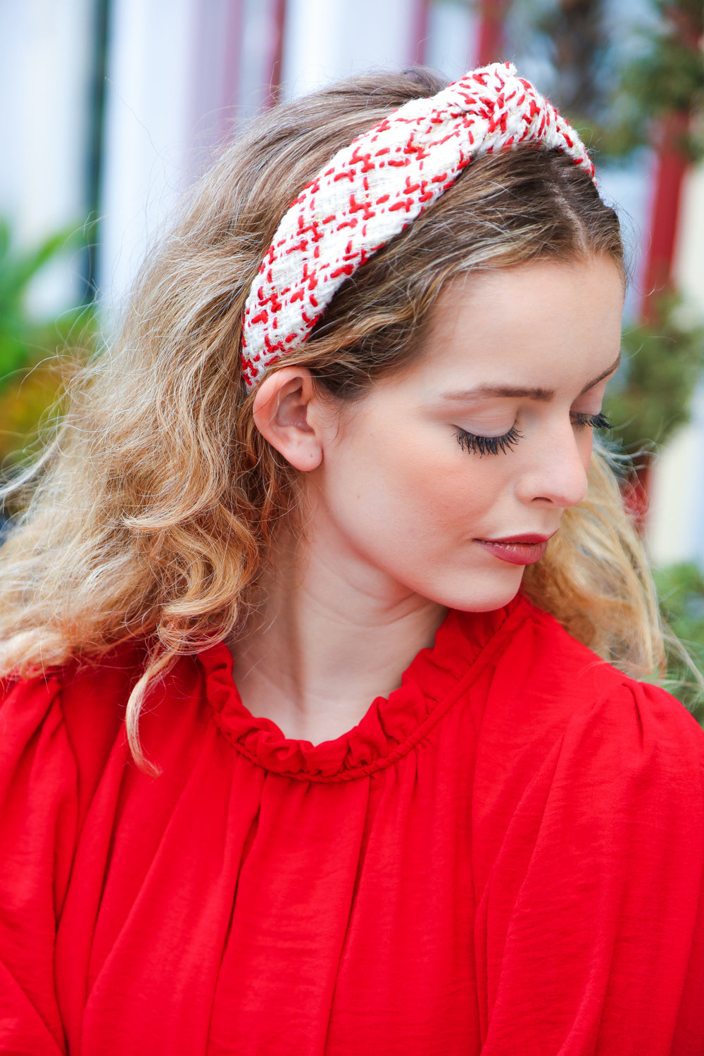 Cream Gold & Red Knit Top Knot Headband