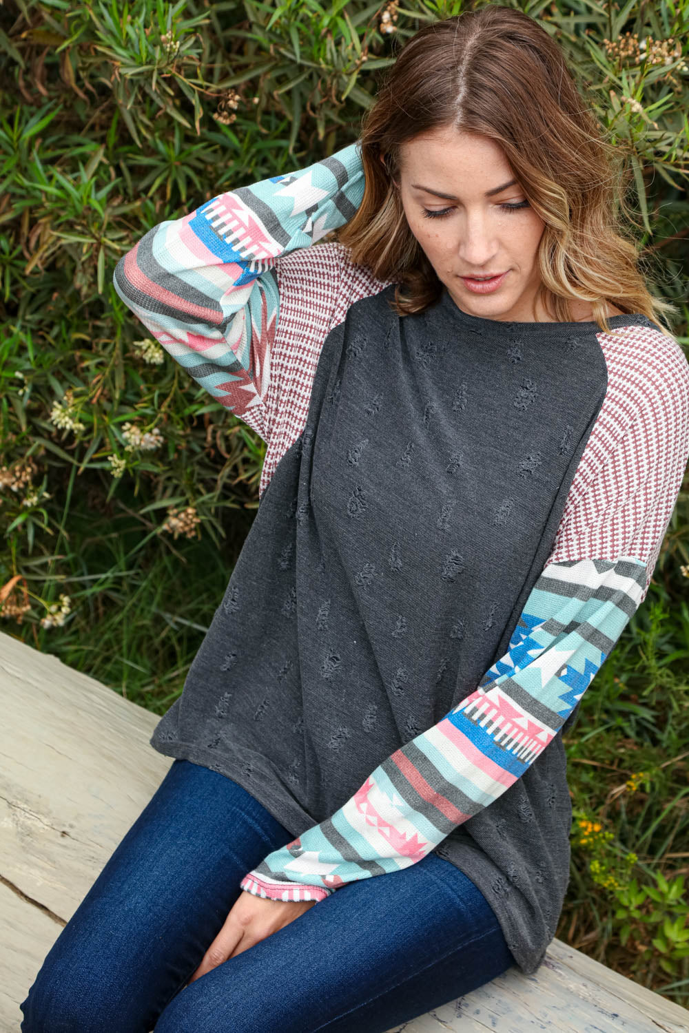 Distressed Jacquard Dolman Aztec Thermal Top