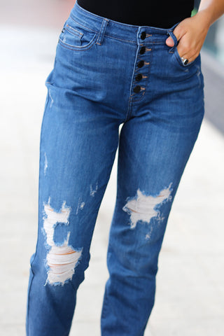 Blue Denim Boyfriend Fit Button Fly Distressed Jeans