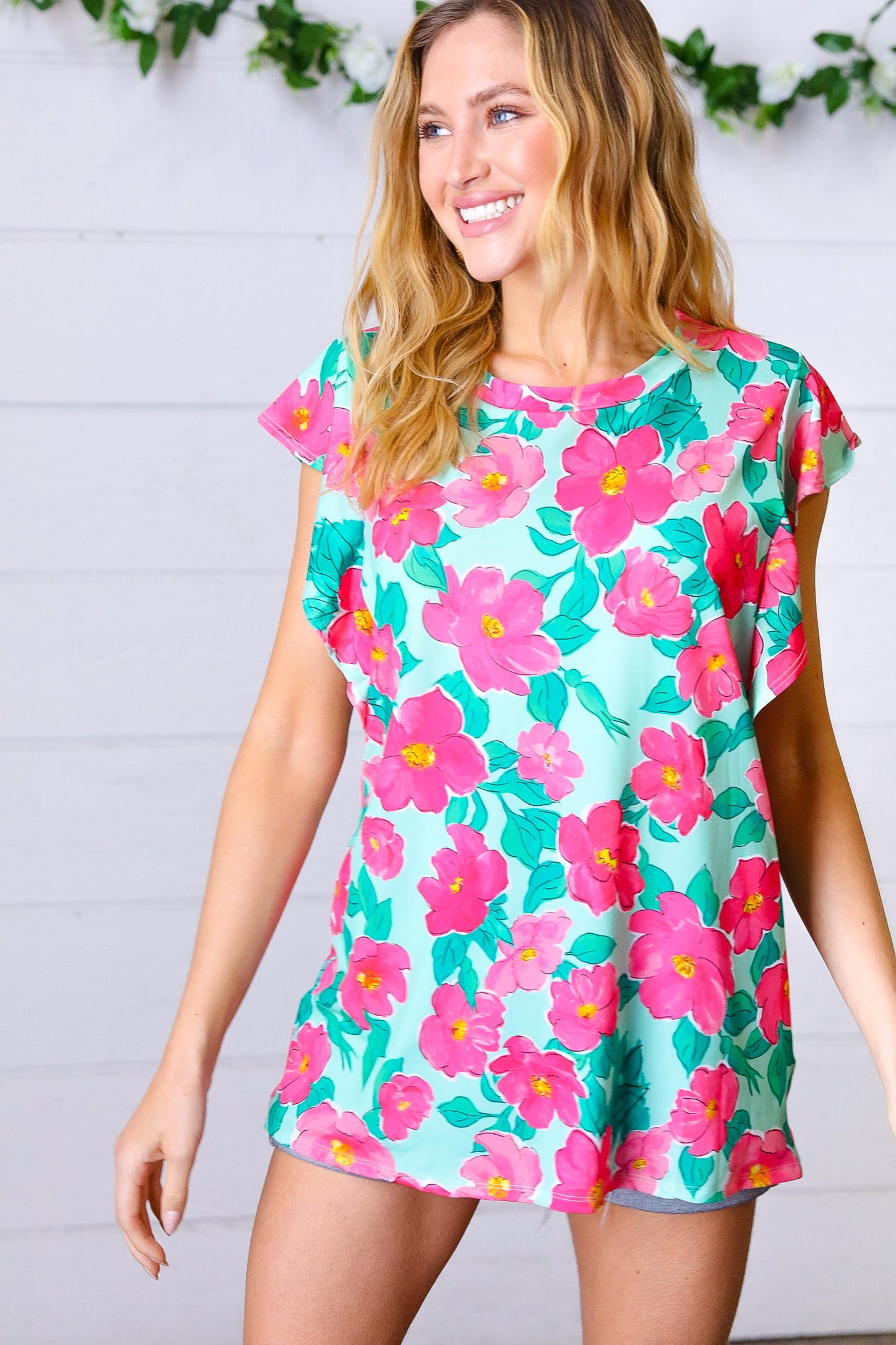 Mint & Fuchsia Floral Ruffle Sleeve Top