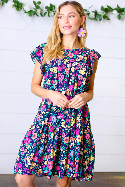 Navy Flat Floral Woven Poplin Ruffle Frill Sleeve Dress