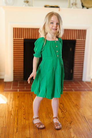 Kids Adorable Green Button Square Neck Ruche Back Dress