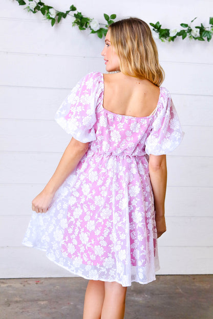 Magenta Floral Burnout Velvet Puff Sleeve Dress