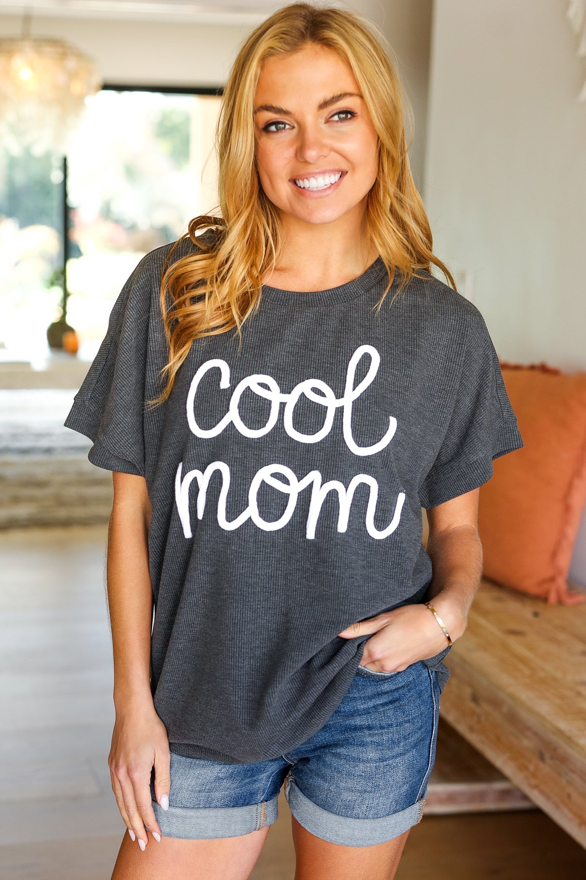 Take A Bow Charcoal "Cool Mom" Embroidery Pop-Up Rib Dolman Top