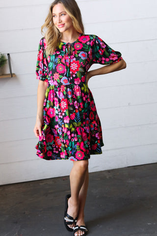 Black & Fuchsia Flat Floral Tiered Front Tie Pocketed Dress