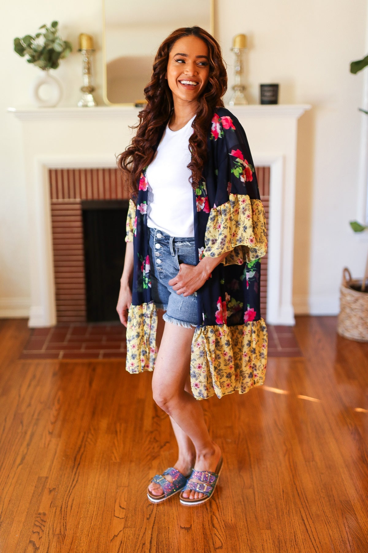 Navy & Yellow Colorblock Floral Chiffon Ruffle Kimono