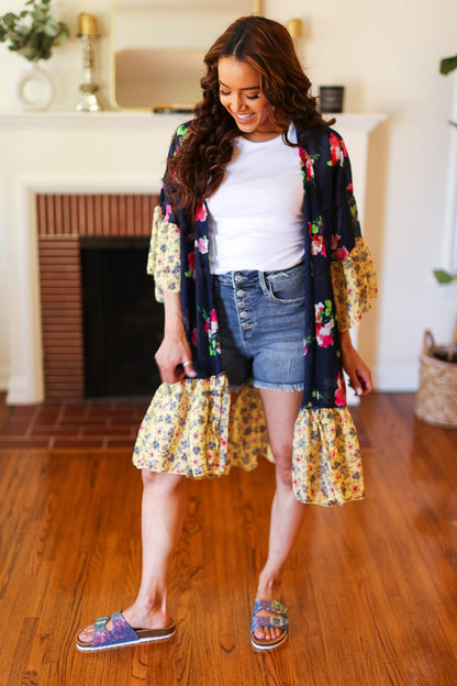 Navy & Yellow Colorblock Floral Chiffon Ruffle Kimono